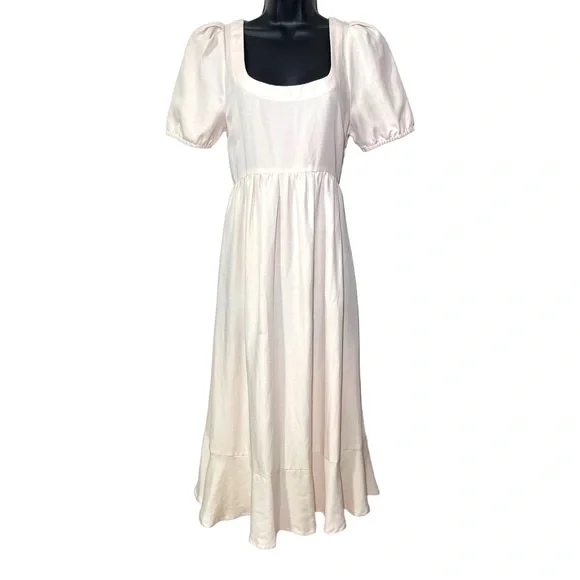 Hatch Cream Tisha Maternity Pleated Puff Sleeve Ruffled Hem Dress - Picture 2 of 6